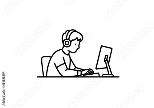 Gamer with Headphones Playing on Computer, Line Art on White