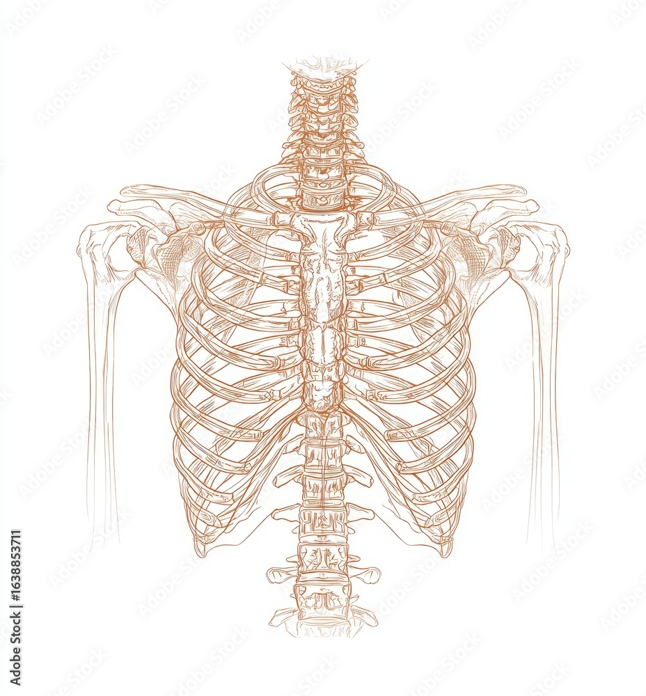 Obraz premium Detailed anatomical drawing of the human rib cage and upper spine. A light terracotta-toned, detailed line drawing displays the skeletal structure of the upper torso, showcasing the ribs, spine.