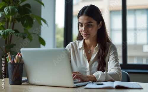 Focused professional financial it specialist latin hispanic business lady working on laptop pc sitting in office. Middle eastern indian woman using computer technology app for work online. Vertical