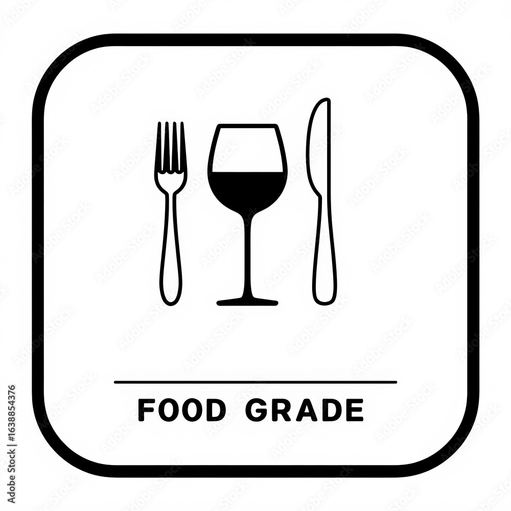 Fototapeta premium A simple food grade label featuring a fork, glass, and knife, indicating suitability for food-related use