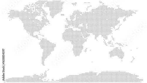 A modern dotted world map graphic with clean lines. Dotted world map cartography visualizing the entire planet with a minimalist and sophisticated dot pattern.