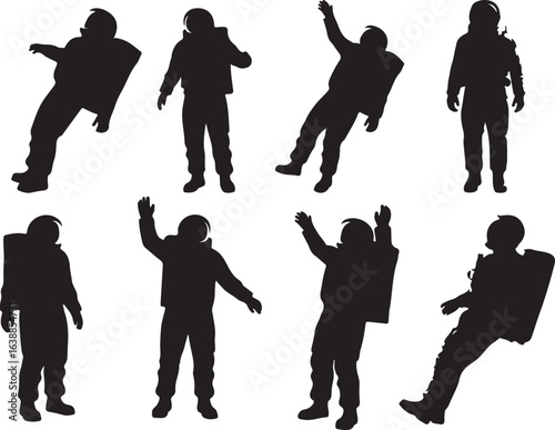 Black silhouette set of astronauts in various poses against white background space suit