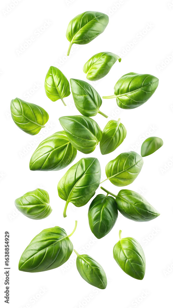 Fototapeta premium flying fresh basil leaves isolated on transparent white background, clipping path