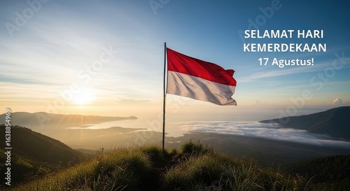 National flag waving over scenic landscape sunrise