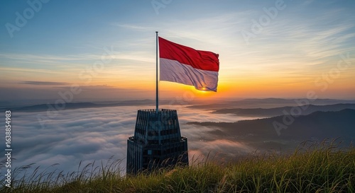 National flag waving over scenic sunrise landscape