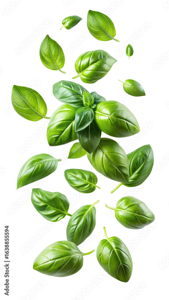 flying fresh basil leaves isolated on transparent white background, clipping path flying fresh basil leaves isolated on transparent white background, clipping path