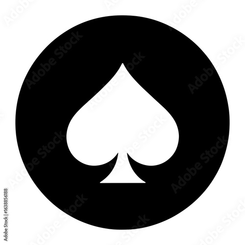 White spade symbol on black circle card suit