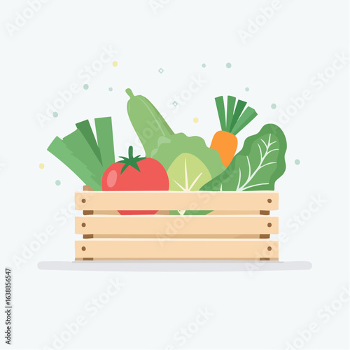 Simple vector art of organic vegetables in a crate with soft colors and a clean look.