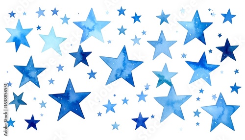 Watercolor painting of various sized blue stars on white background