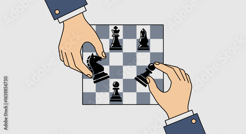 Hands placing chess pieces on a board – flat vector