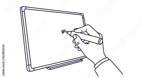 Flat vector illustration of a hand holding a marker writing on a whiteboard