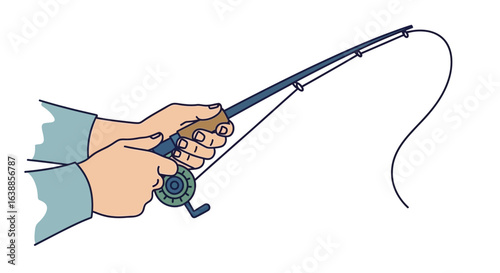 Flat vector illustration of hands gripping a fishing rod