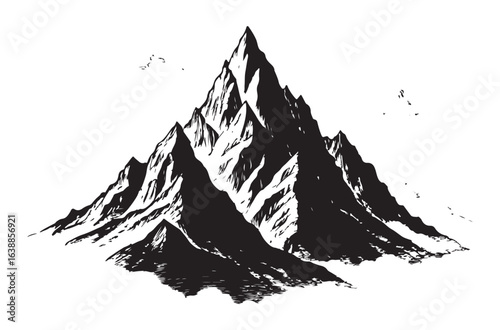 Dramatic jagged mountain peak illustration in black and white