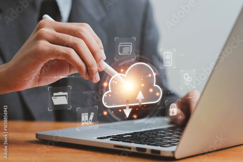 The concept of cloud file storage and backup, Cloud based file storage and secure data backup solution with encrypted privacy protection. real-time synchronization, and access for file management.