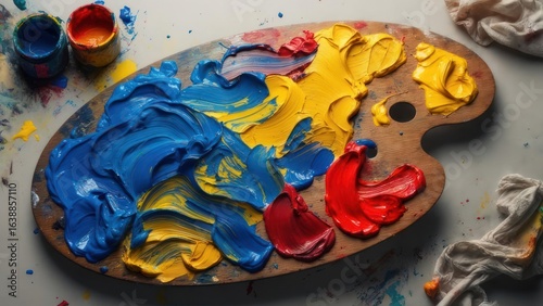 Vibrant Primary Colors in Thick, Sculptural Strokes on a Wooden Artist's Palette