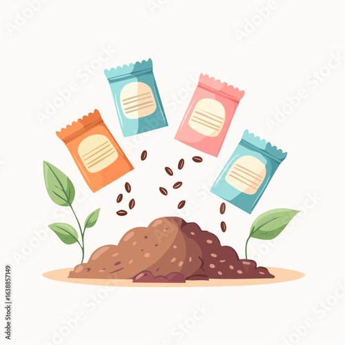 Simple vector of open seed packets spilling seeds ready for planting.