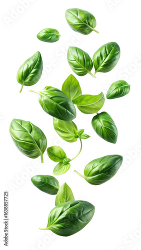 flying fresh basil leaves isolated on transparent white background, clipping path