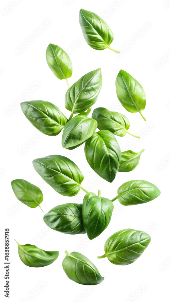 flying fresh basil leaves isolated on transparent white background, clipping path flying fresh basil leaves isolated on transparent white background, clipping path