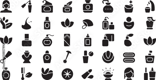 Collection of Black Beauty and Skincare Icons on White Background cosmetic makeup