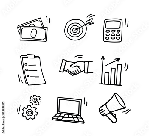 Hand drawn doodle business, money icon set. Finance, money, marketing sketch drawn cute trendy line doodle icon. Business bank, finance calculator, economic goal elements.