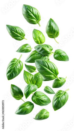 flying fresh basil leaves isolated on transparent white background, clipping path