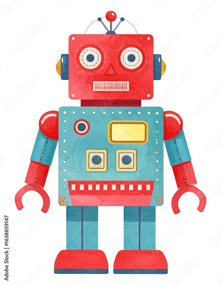 Fototapeta premium Retro-style robot illustration, red and teal, showing wear and tear