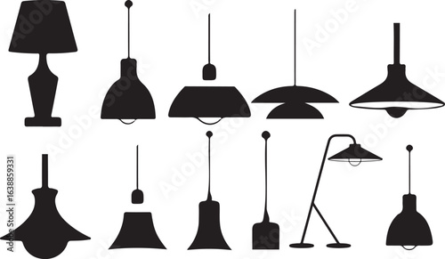 Collection of black silhouette lamps and lighting fixtures vector