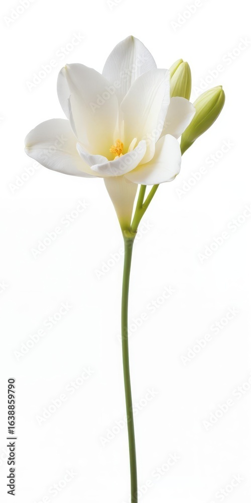 Fototapeta premium A single white freesia flower in top view with delicate petals and a slender stem