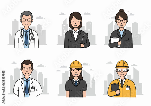 Diverse professional avatars featuring doctors, business people, and engineers with city skylines, representing various occupations and industries.