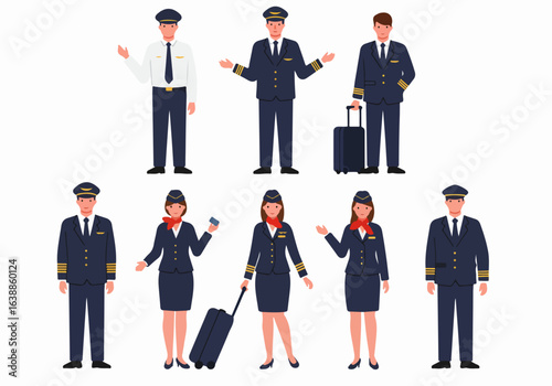 Aviation Professionals: Diverse Pilots and Flight Attendants in Uniform Poses, Ready for Travel and Service.