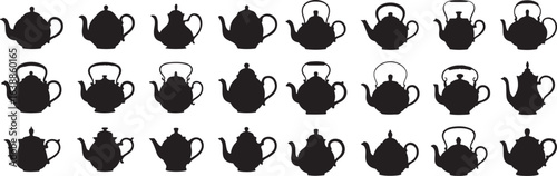 Collection of black teapot silhouettes with varied designs and handles kettle white background