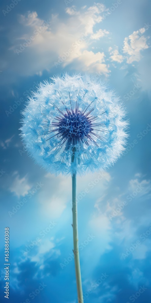 Obraz premium Delicate blue dandelion flower with intricate details in soft focus against a serene background