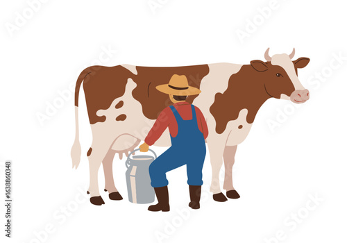 Farmer Milkmaid Hand-Milking Brown and White Cow.