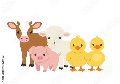 Adorable Farm Animals: Calf Lamb Piglets and Ducklings.