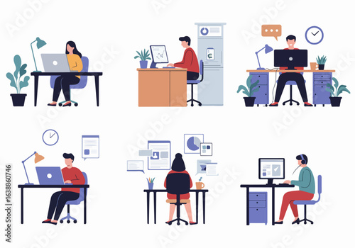 Diverse professionals engaged in various office and remote work tasks using computers and laptops, illustrating productivity and modern business environments.
