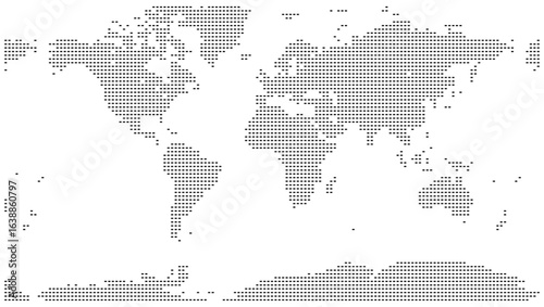 Horizontal square shape dotted world map that emphasizes global connectivity. Rectangular square shape dot map design element for showcasing a worldwide influence in geometric view