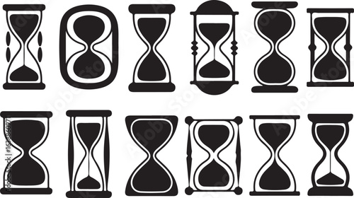 Collection of twelve black and white hourglass icons in various styles sand timer time