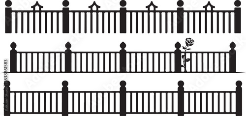 Three black silhouette fences with decorative elements and a rose white railing