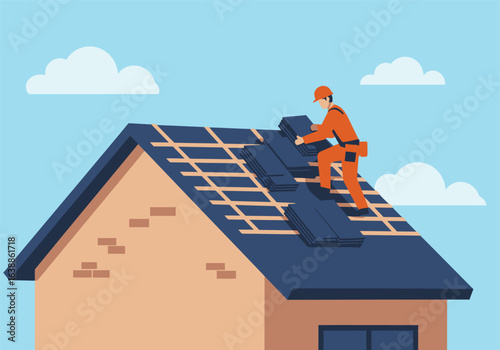 Professional roofer builder in an orange uniform installing new shingles on a residential house roof, a flat vector illustration of construction work.