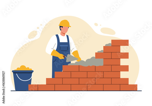 A professional male builder in a hard hat constructing a red brick wall with a trowel and mortar, a vector illustration concept.