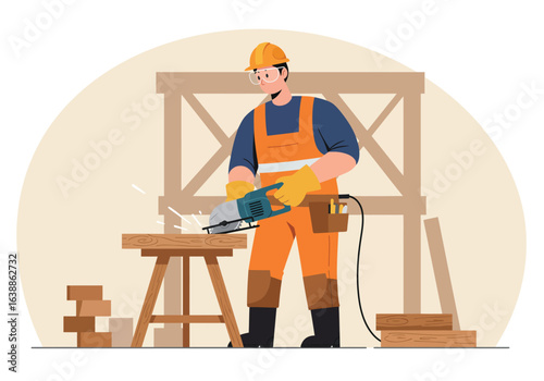 Construction Worker Builder Operating Power Saw