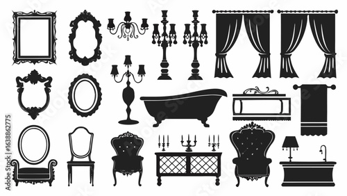 Illustration of various antique furniture and decorative items including frames chairs and lighting fixtures silhouette