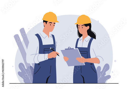 Professional male and female builder team in hard hats reviewing a project plan on a clipboard, collaborating on a construction site