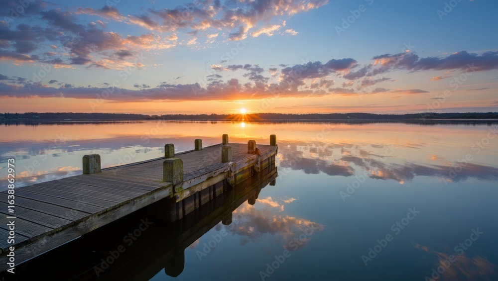 Obraz premium A wooden dock extends into a calm lake reflecting a vibrant sunset with scattered clouds above the horizon