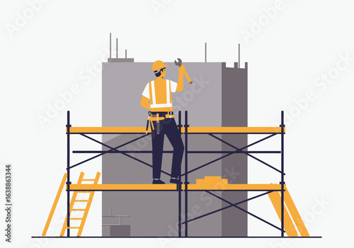 A professional builder in a safety helmet stands on scaffolding at a construction site, a skilled worker with a hammer.
