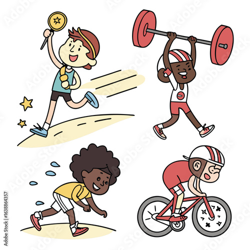 Four cartoon children engaged in different sports activities running weightlifting