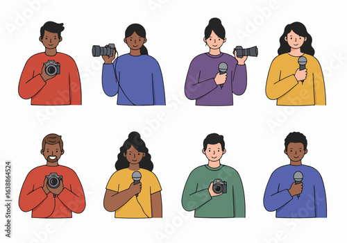 Diverse group of media professionals, journalists, photographers, and reporters holding cameras and microphones, representing communication, news, and content creation.