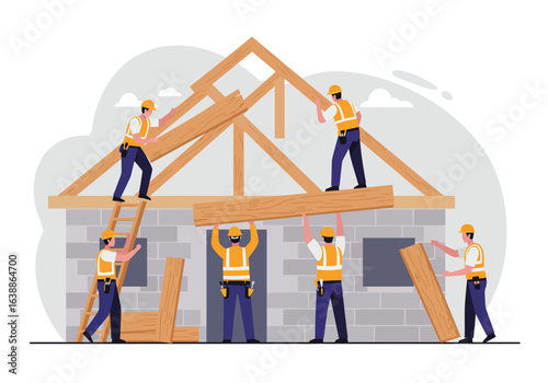 A dedicated team of professional builder contractors working together to construct a new house, assembling the wooden roof frame and structure.
