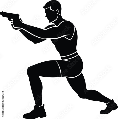 fitness man doing pistol squats on white backgroun.eps