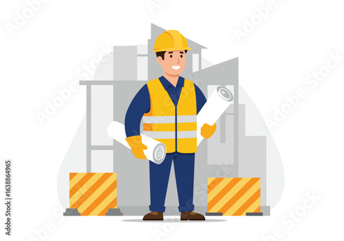 Cheerful male builder character illustration holding architectural plans while standing on a construction site with an unfinished building.